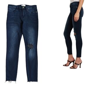Frame Le Skinny De Jeanne Dawn Chew Rips Dark Wash Distressed Raw Hem Jeans
